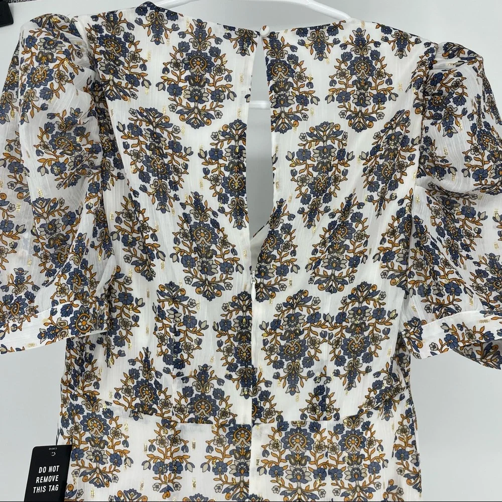 EXPRESS NWT PAISLEY PUFF SLEEVE FIT AND FLARE DRESS WHITE GOLD BLUE XS - Picture 5 of 9
